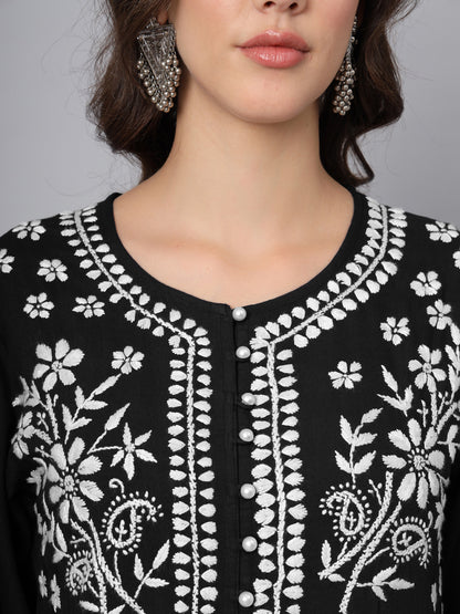 Women Hand Embroidered Chikankari Rayon Kurti with Pockets-AL3696 Black