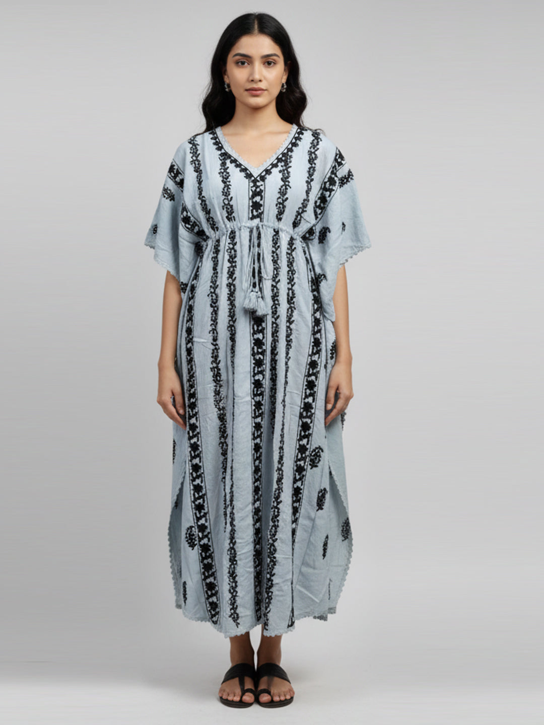 Hand Embroidered Chikankari Rayon Kaftan-AL3474 Black