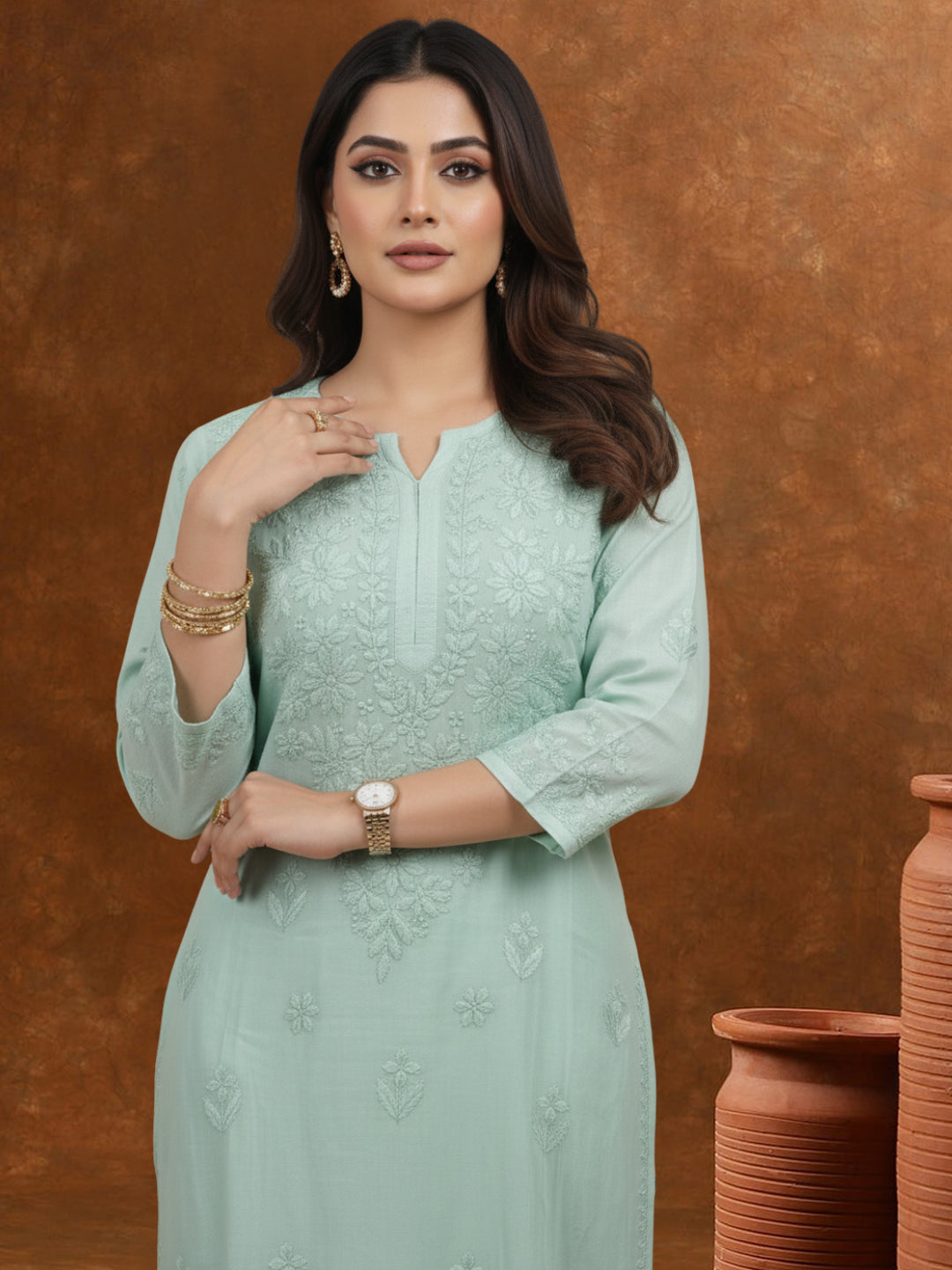 Women Hand Embroidered Chikankari Muslin Kurta Set-AL4104KS Sea Green