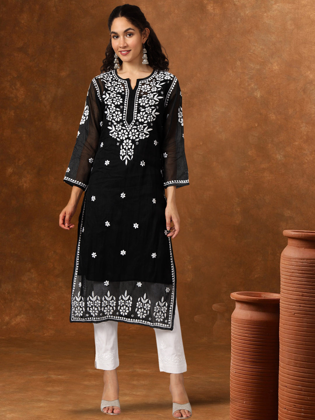 Hand Embroidered Chikankari Kota Straight Kurta With Slip-AL3540 Black