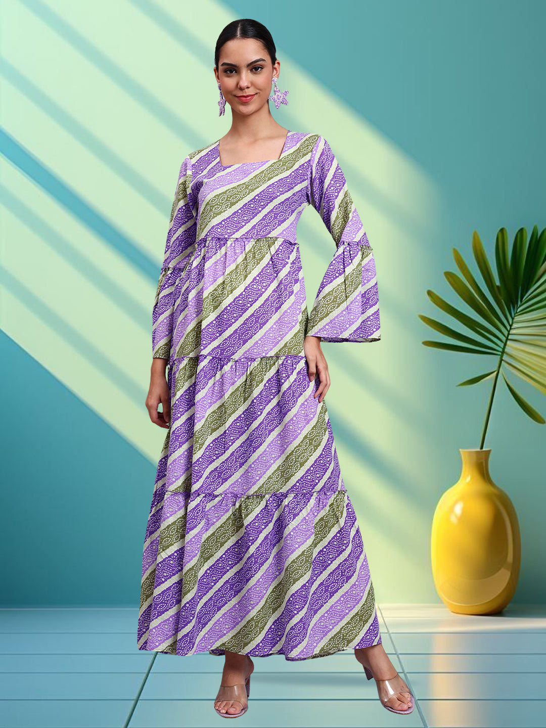 Women Printed Cotton Jalabiya with Bell Sleeves & Square Neckline-AL4050 Mauve