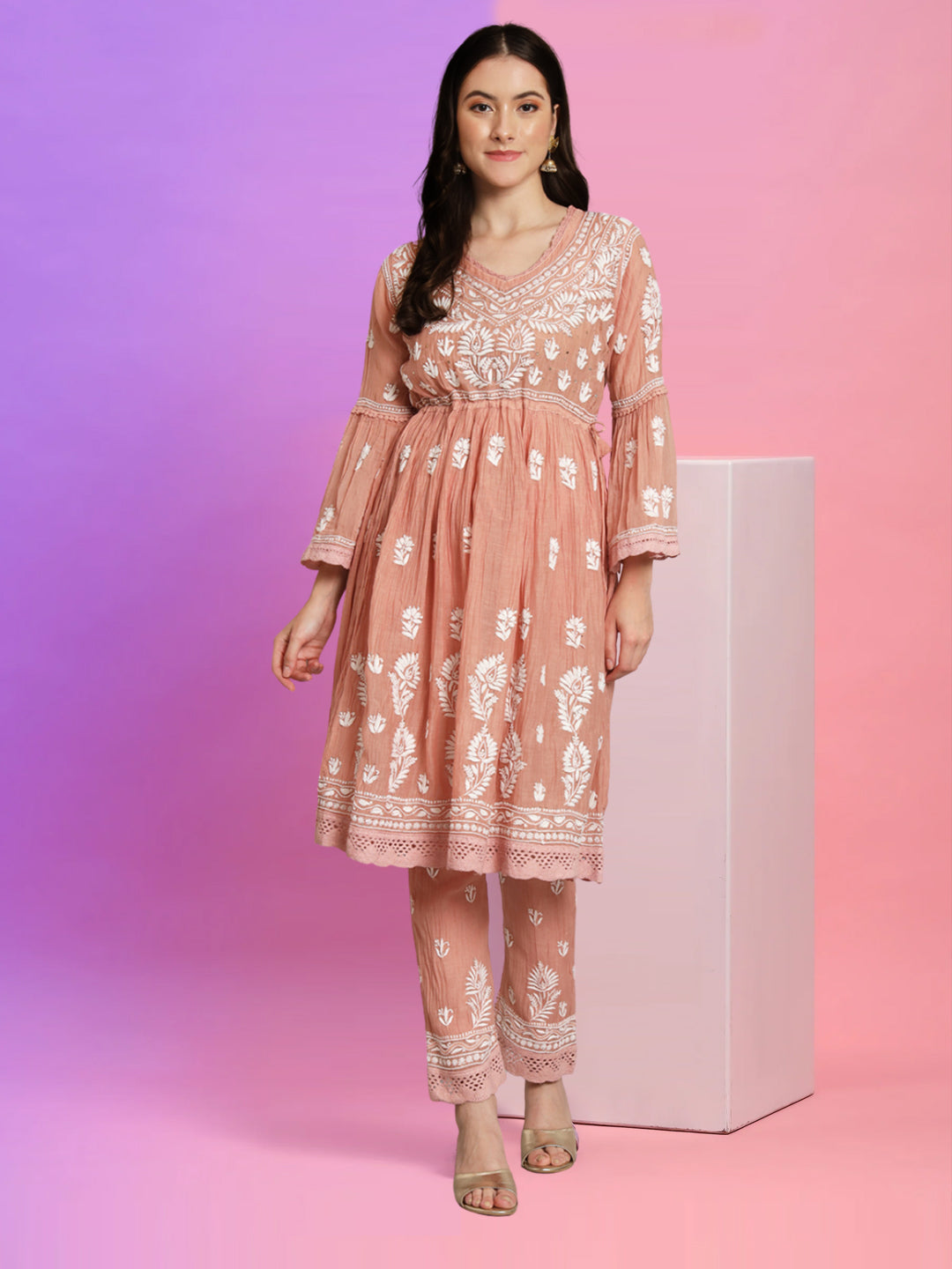 Hand Embroidered Chikankari Chanderi Cotton Frock Style Kurta Pant-AL3661KS Beige