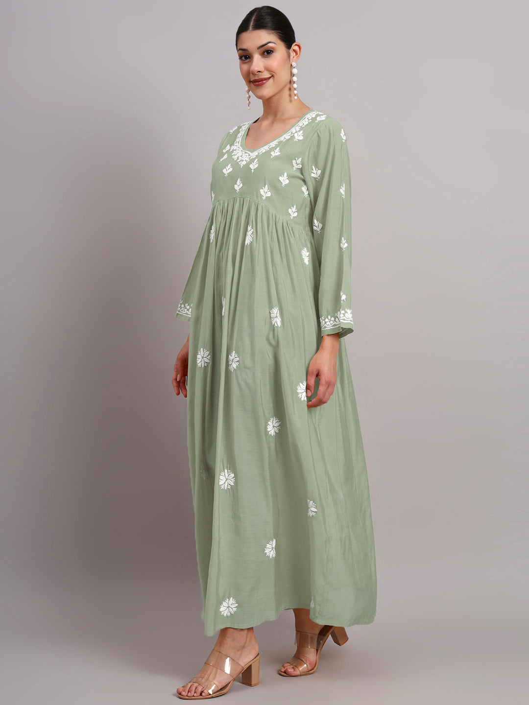 Hand Embroidered Chikankari Chanderi Jalabiya-AL4087 Green