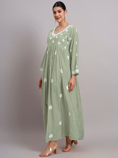 Hand Embroidered Chikankari Chanderi Jalabiya-AL4087 Green