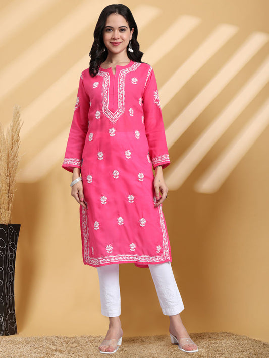Women Hand Embroidered Chikankari Cotton Kurta-AL3999 Hot Pink