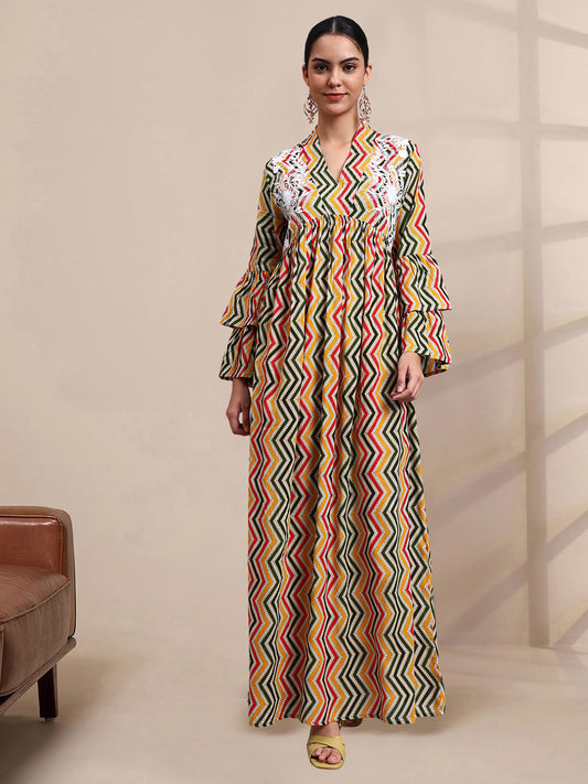 Women Embroided Mul Printed Cotton Jalabiya-AL4098A Green