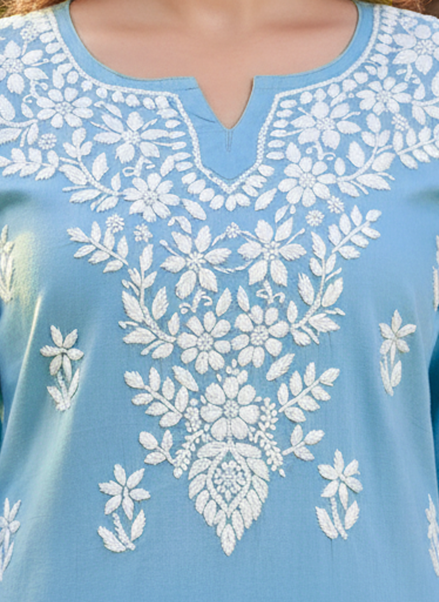 Women Hand Embroidered Chikankari Cotton Kurti -AL3685 Blue