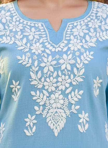 Women Hand Embroidered Chikankari Cotton Kurti -AL3685 Blue