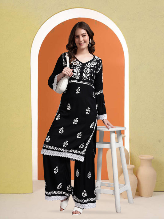 Women Hand Embroidered Lucknowi Chikankari Rayon Kurta Set-AL4077KS Black
