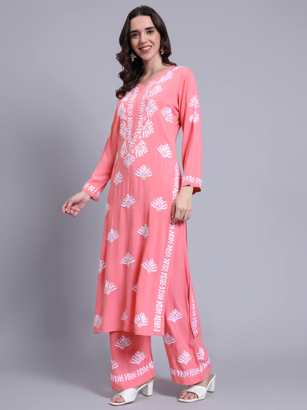 Women Hand Embroidered Chikankari Rayon Kurta Set-AL4084KS Mauve