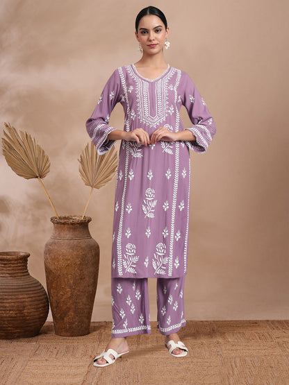 Women Hand Embroidered Lucknowi Chikankari Rayon Kurta Set-AL4078KS Mauve