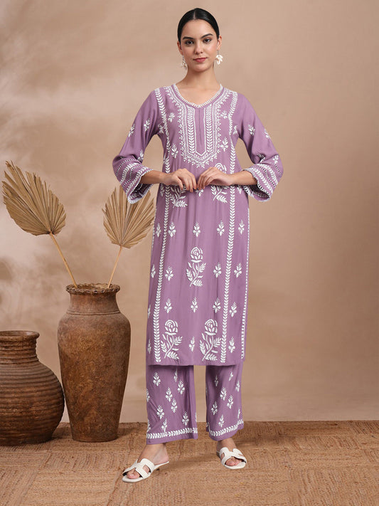 Women Hand Embroidered Lucknowi Chikankari Rayon Kurta Set-AL4078KS Mauve