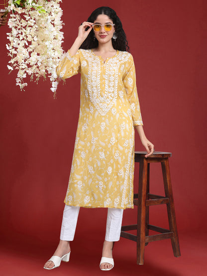 Women Hand Embroidered Chikankari Mul Printed Cotton Kurta-AL4072 Yellow