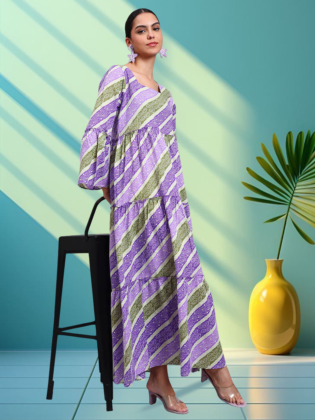 Women Printed Cotton Jalabiya with Bell Sleeves & Square Neckline-AL4050 Mauve