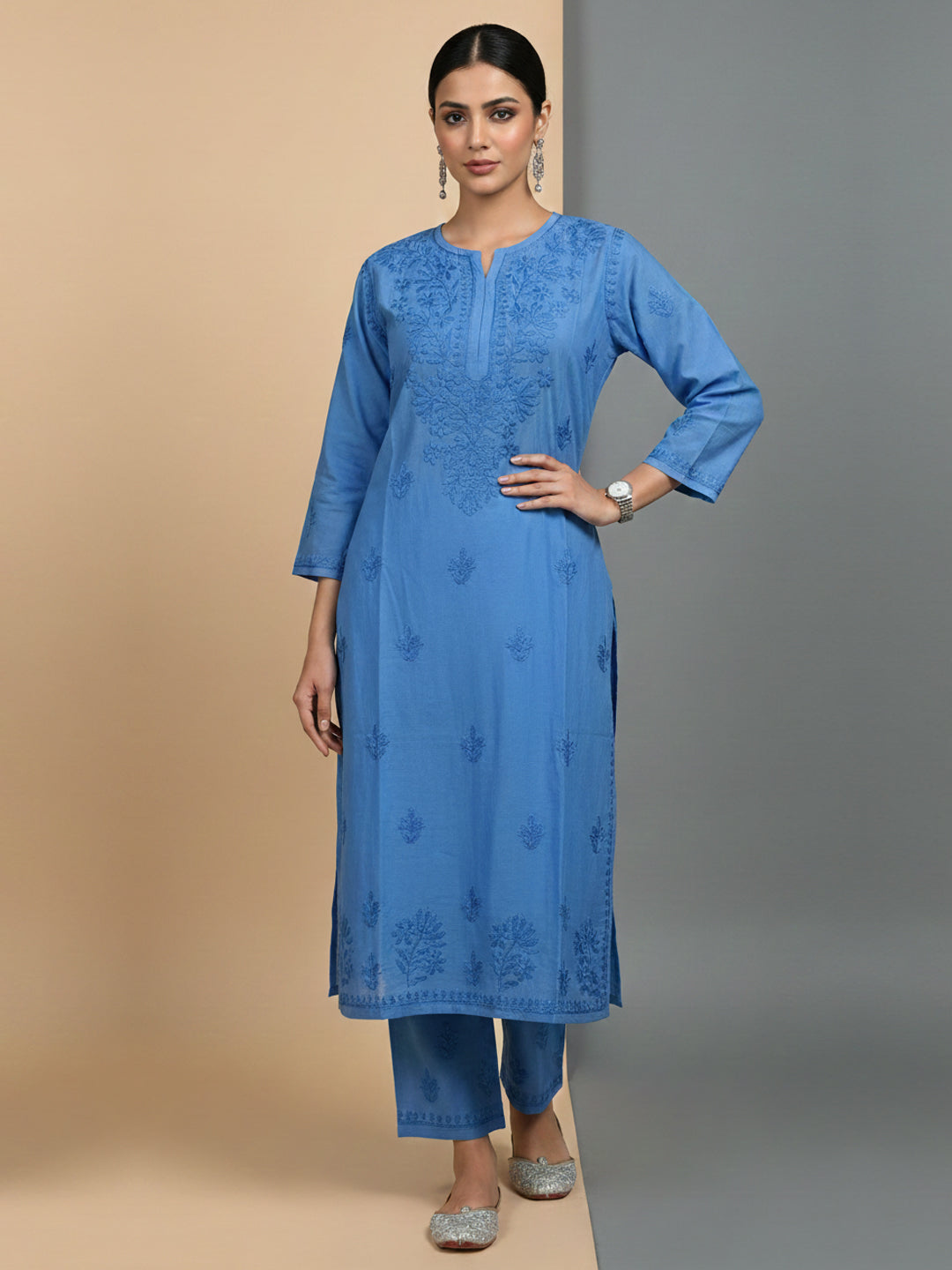 Women Hand Embroidered Chikankari Chanderi Kurta Set-AL4106KS Blue