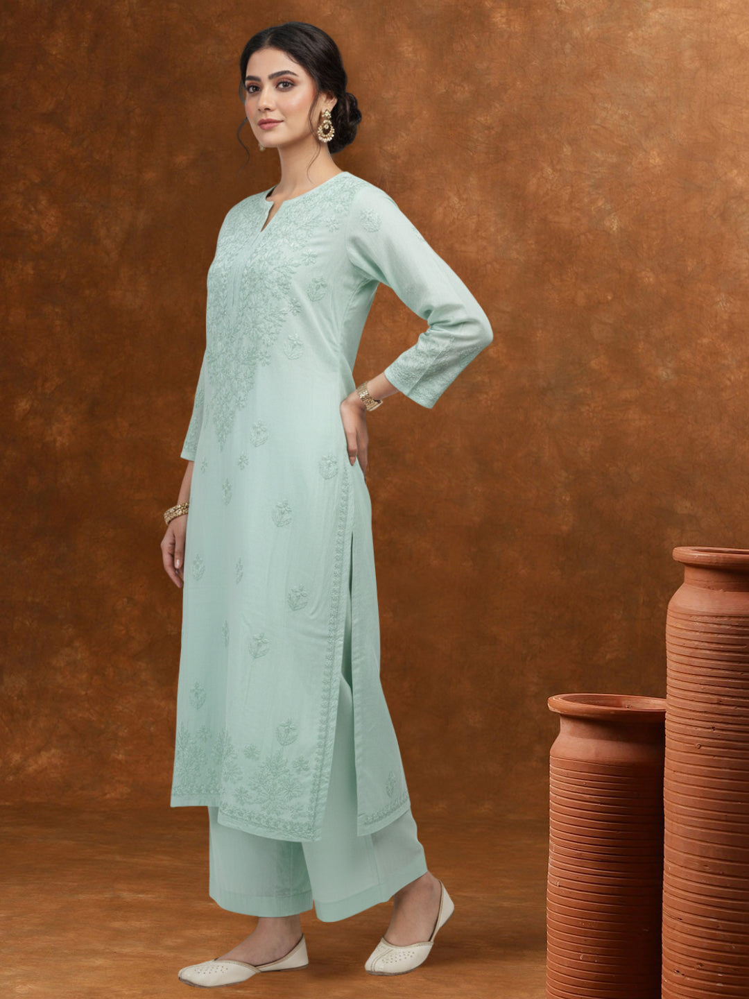 Women Hand Embroidered Chikankari Muslin Kurta Set-AL4104KS Sea Green