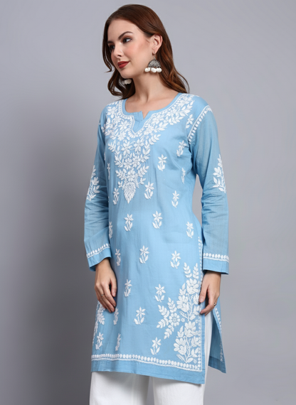 Women Hand Embroidered Chikankari Cotton Kurti -AL3685 Blue