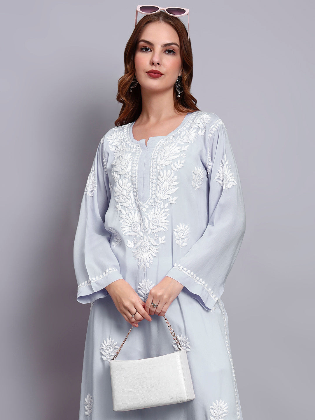 Hand Embroidered Chikankari Modal Straight Kurta-AL3683 Teal