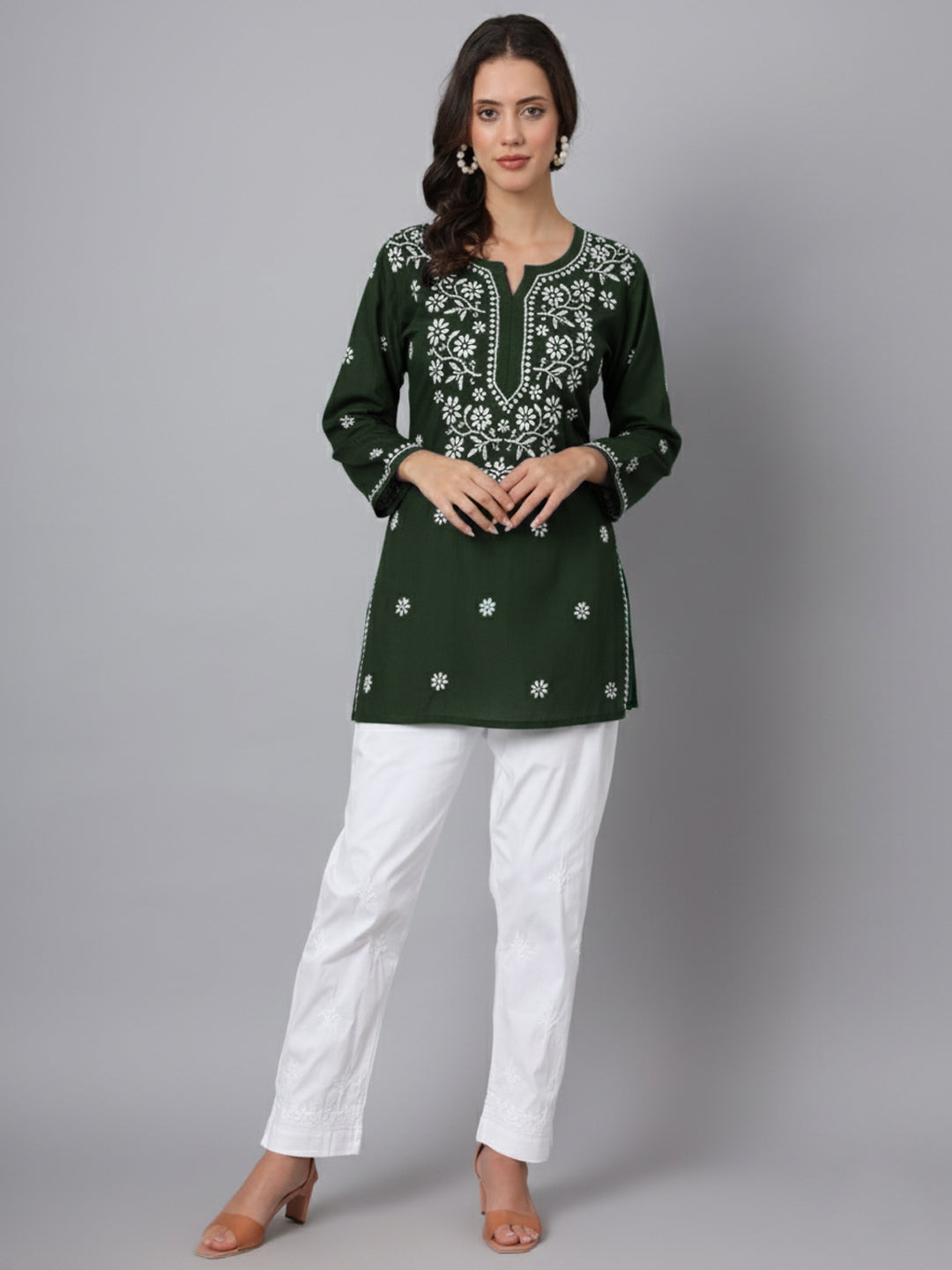 Women Hand Embroidered Modal Chikankari Kurti-AL3611 Bottle Green