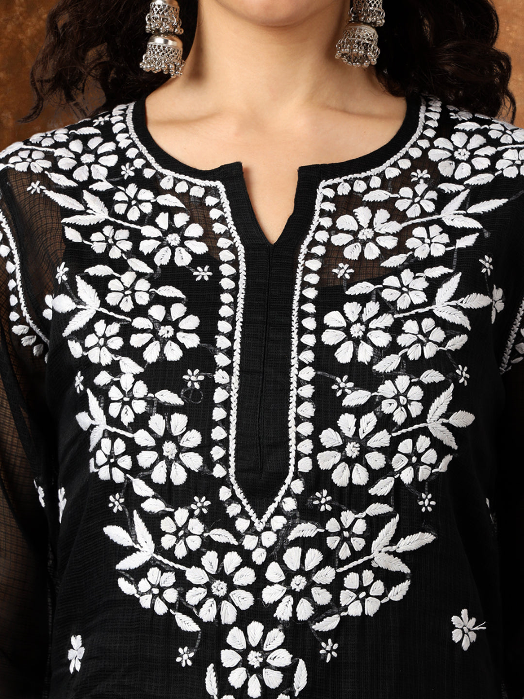 Hand Embroidered Chikankari Kota Straight Kurta With Slip-AL3540 Black