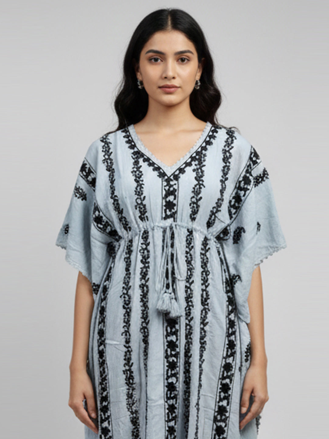 Hand Embroidered Chikankari Rayon Kaftan-AL3474 Black