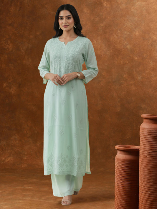 Women Hand Embroidered Chikankari Muslin Kurta Set-AL4104KS Sea Green