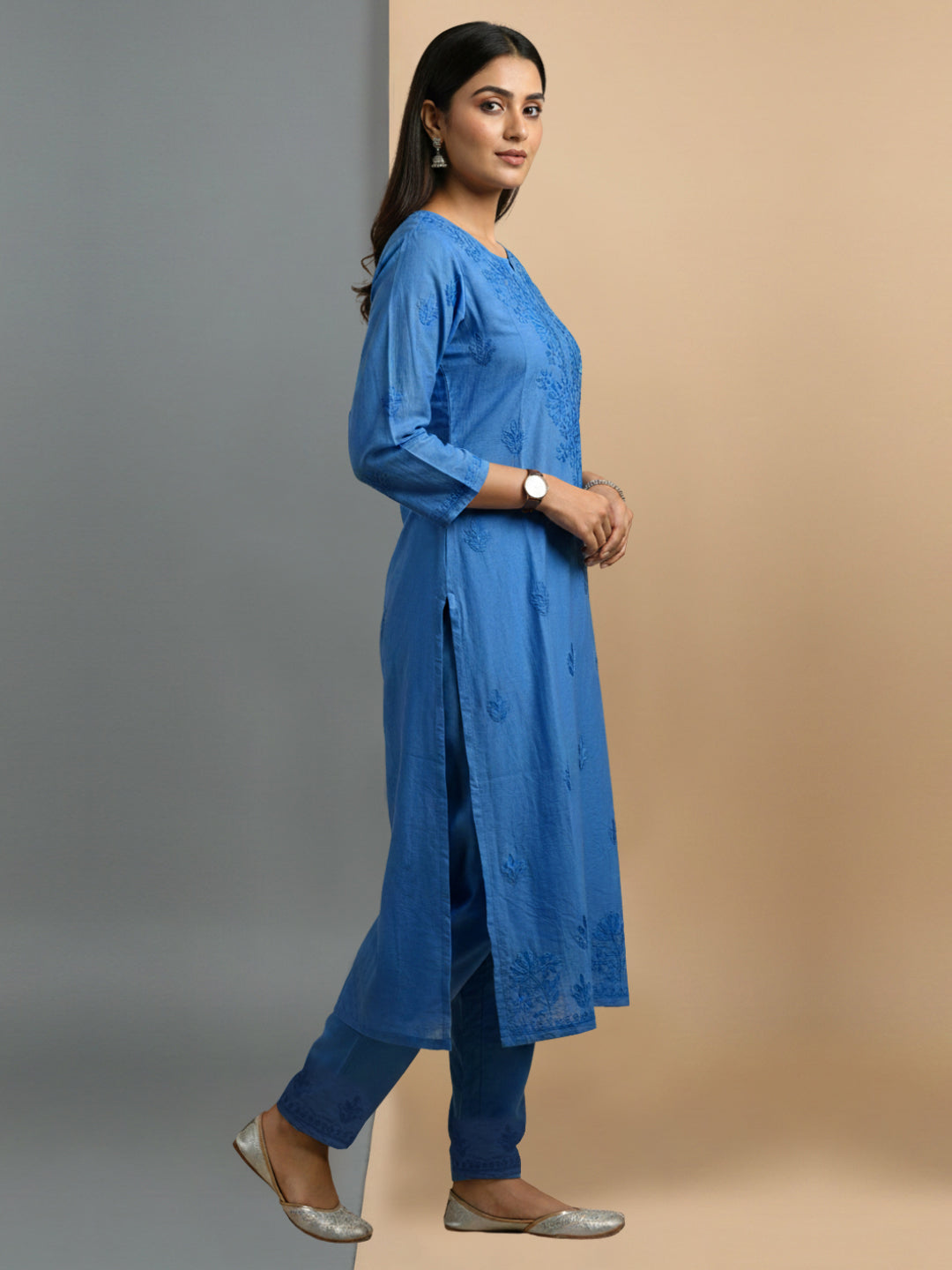 Women Hand Embroidered Chikankari Chanderi Kurta Set-AL4106KS Blue