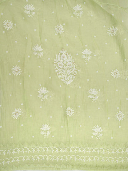 Women Hand Embroidered Premium Chikankari Mul Chanderi Unstitched Kurta Dupatta Bottom Set-ALSCA85201FS Mint