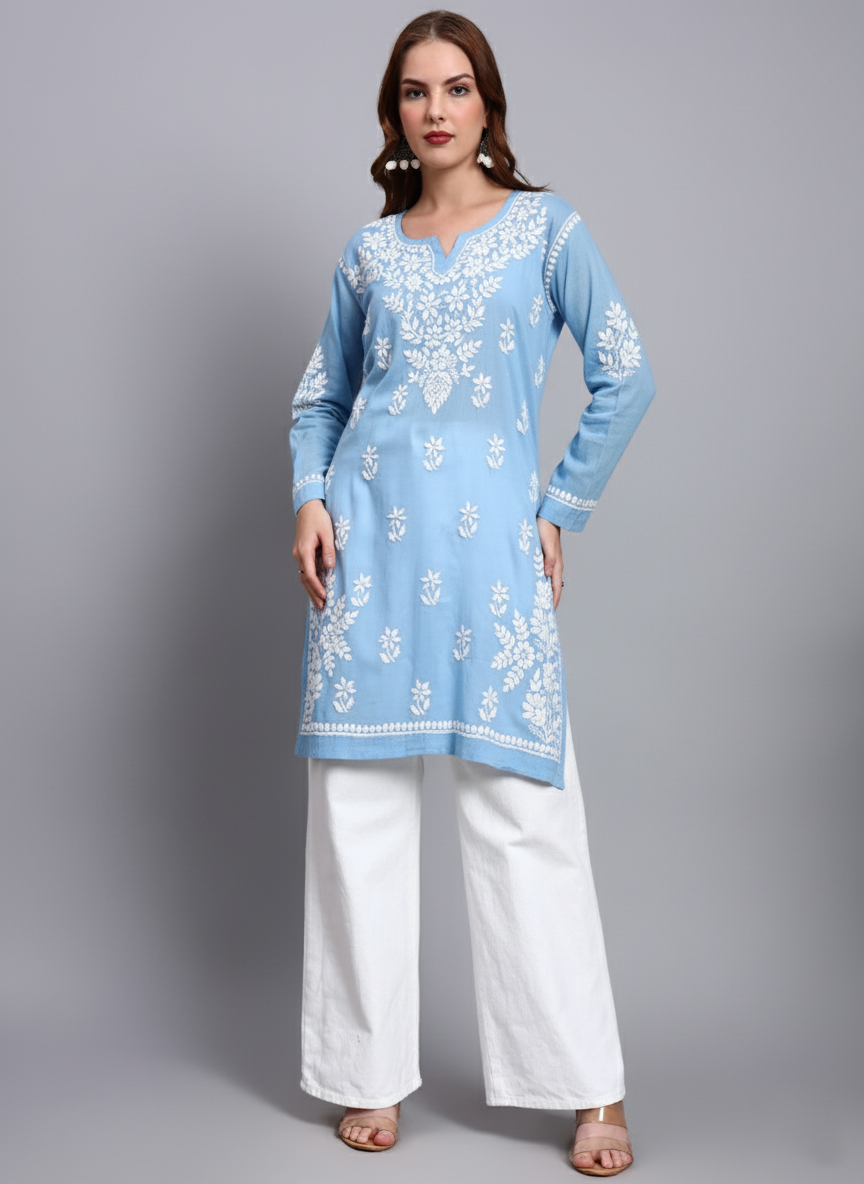 Women Hand Embroidered Chikankari Cotton Kurti -AL3685 Blue