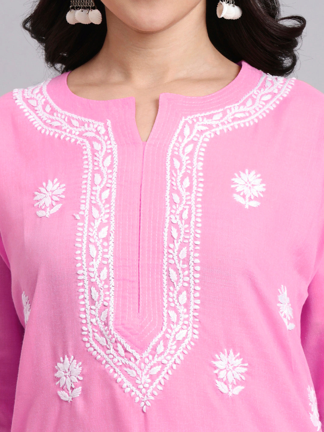 Women Hand Embroidered Chikankari Cotton Kurta-AL3999 Pink