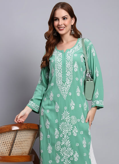 Women Hand Embroidered Chikankari Modal Straight Kurta-AL4042 Mint