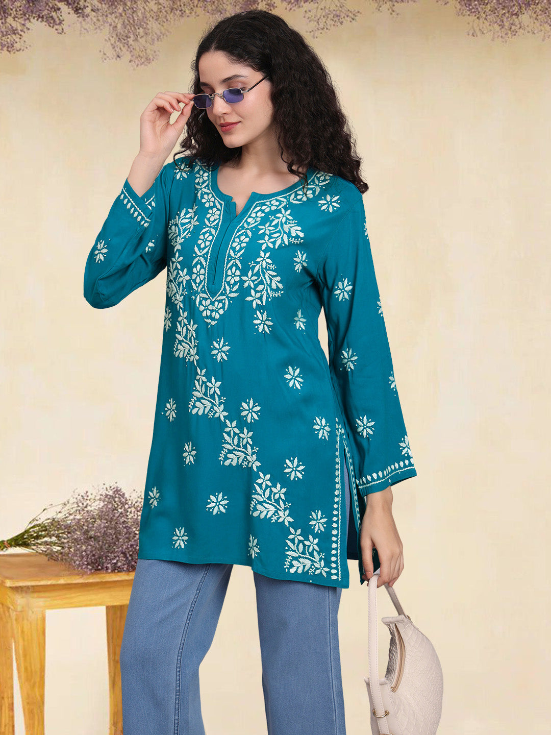 Women Hand Embroidered Chikankari Rayon Short Kurti-AL4071 Teal