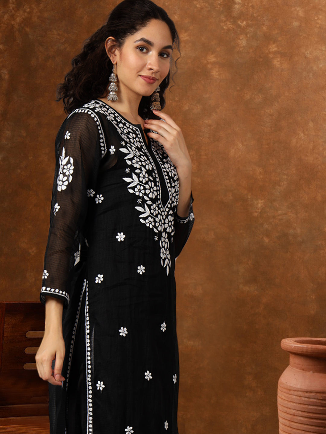 Hand Embroidered Chikankari Kota Straight Kurta With Slip-AL3540 Black