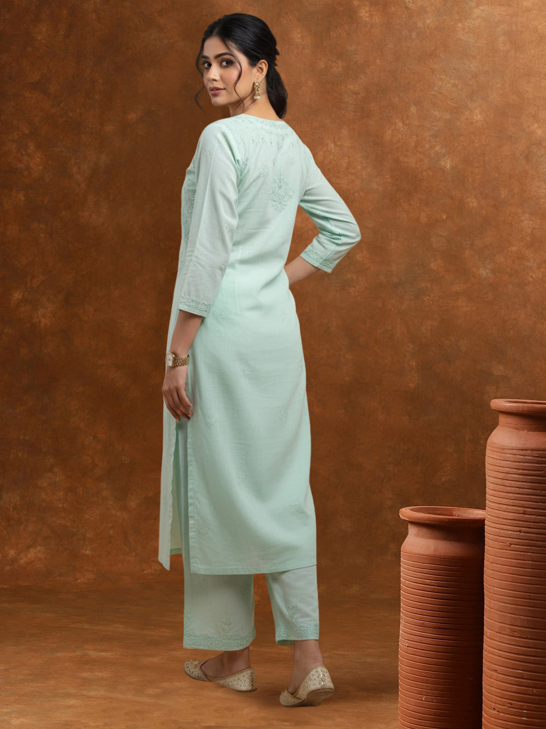Women Hand Embroidered Chikankari Muslin Kurta Set-AL4104KS Sea Green