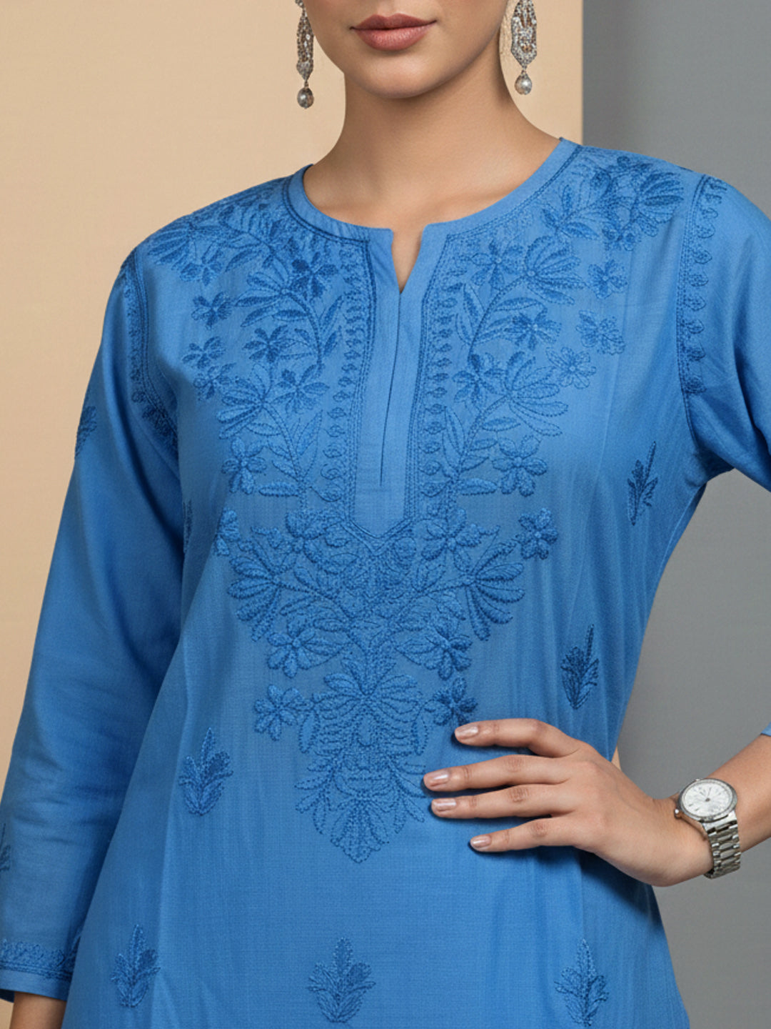 Women Hand Embroidered Chikankari Chanderi Kurta Set-AL4106KS Blue
