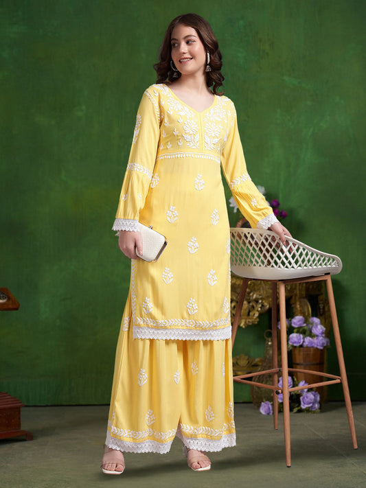 Women Hand Embroidered Lucknowi Chikankari Rayon Kurta Set-AL4077KS Yellow