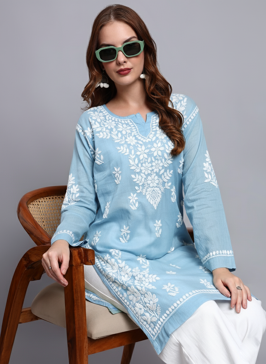 Women Hand Embroidered Chikankari Cotton Kurti -AL3685 Blue