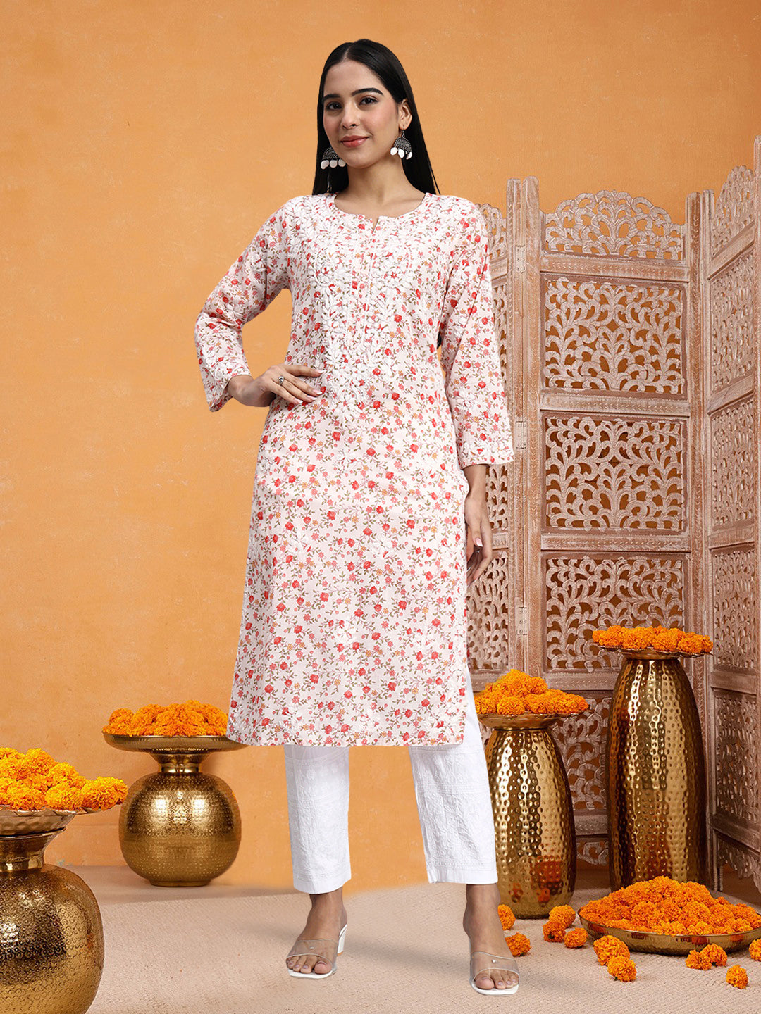 Hand Embroidered Chikankari Cotton Kurta-AL4105 Red