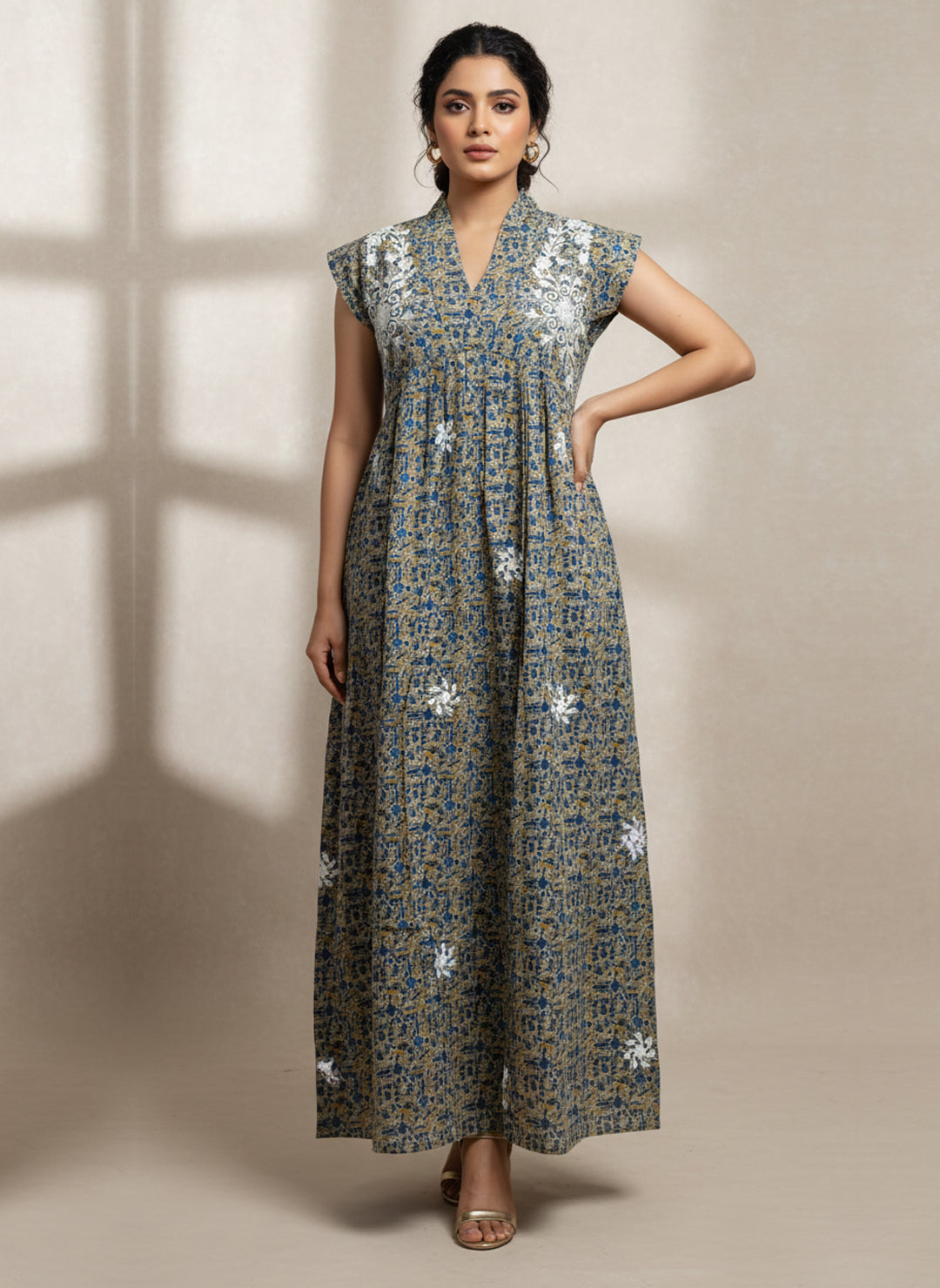 Women Printed Embroidered Cotton Jalabiya with Cap Sleeves-AL3697C Blue