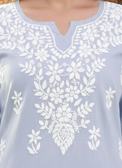Women Hand Embroidered Chikankari Cotton Kurti -AL3685 Lavender
