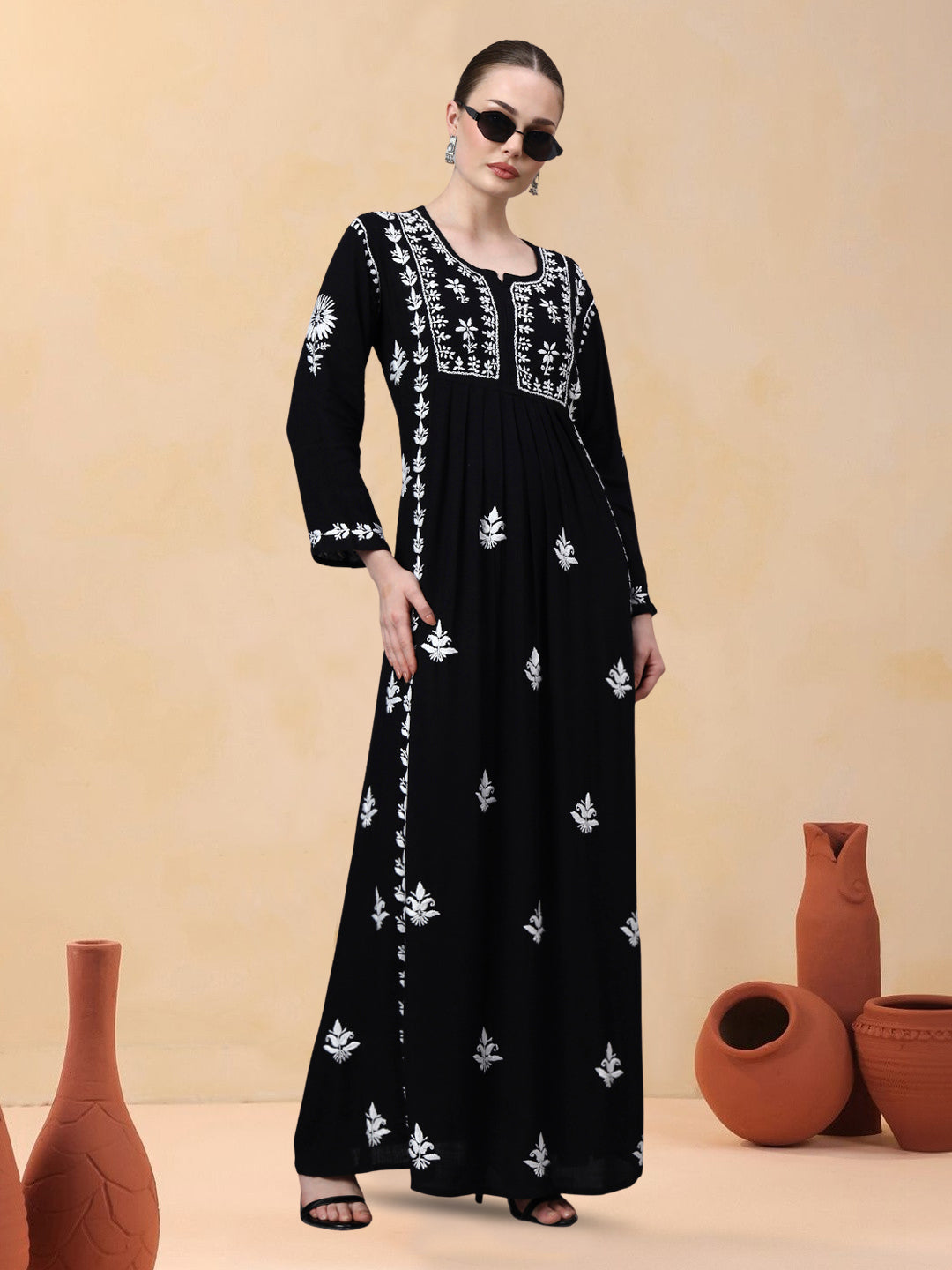 Hand Embroidered Chikankari Rayon Jalabiya-AL4121 Black