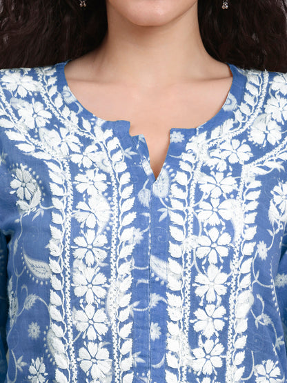 Women Hand Embroidered Chikankari Mul Printed Cotton Kurta-AL4072 Denim