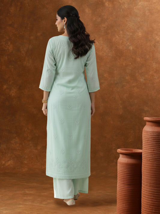 Women Hand Embroidered Chikankari Muslin Kurta Set-AL4104KS Sea Green