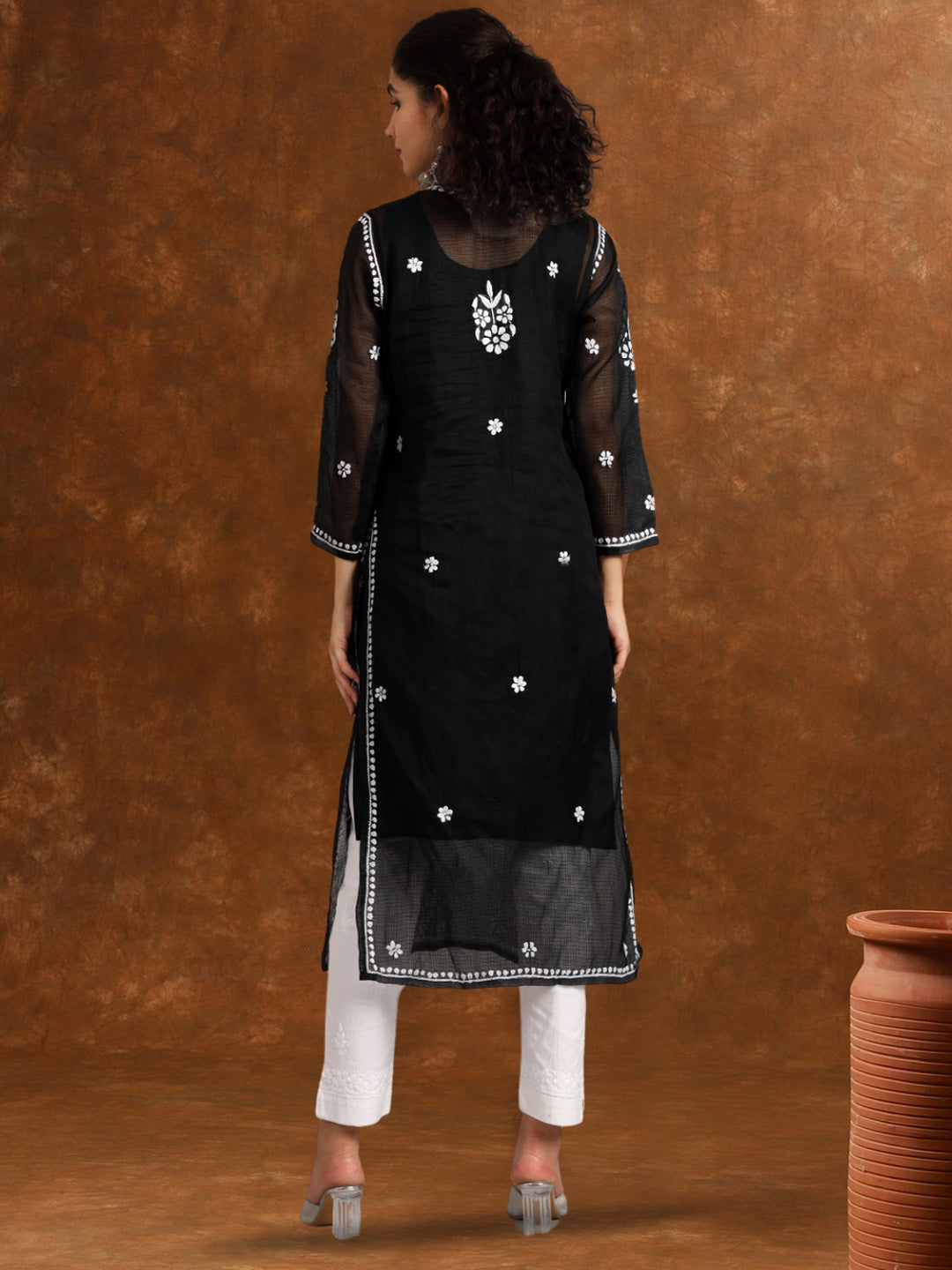 Hand Embroidered Chikankari Kota Straight Kurta With Slip-AL3540 Black