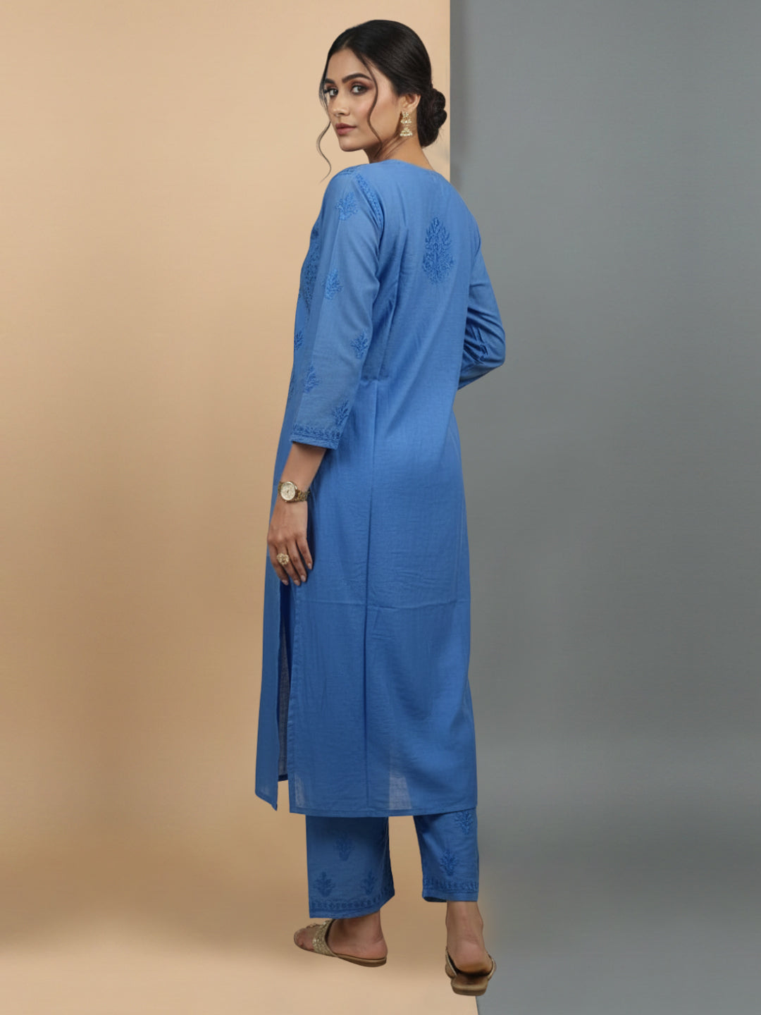 Women Hand Embroidered Chikankari Chanderi Kurta Set-AL4106KS Blue