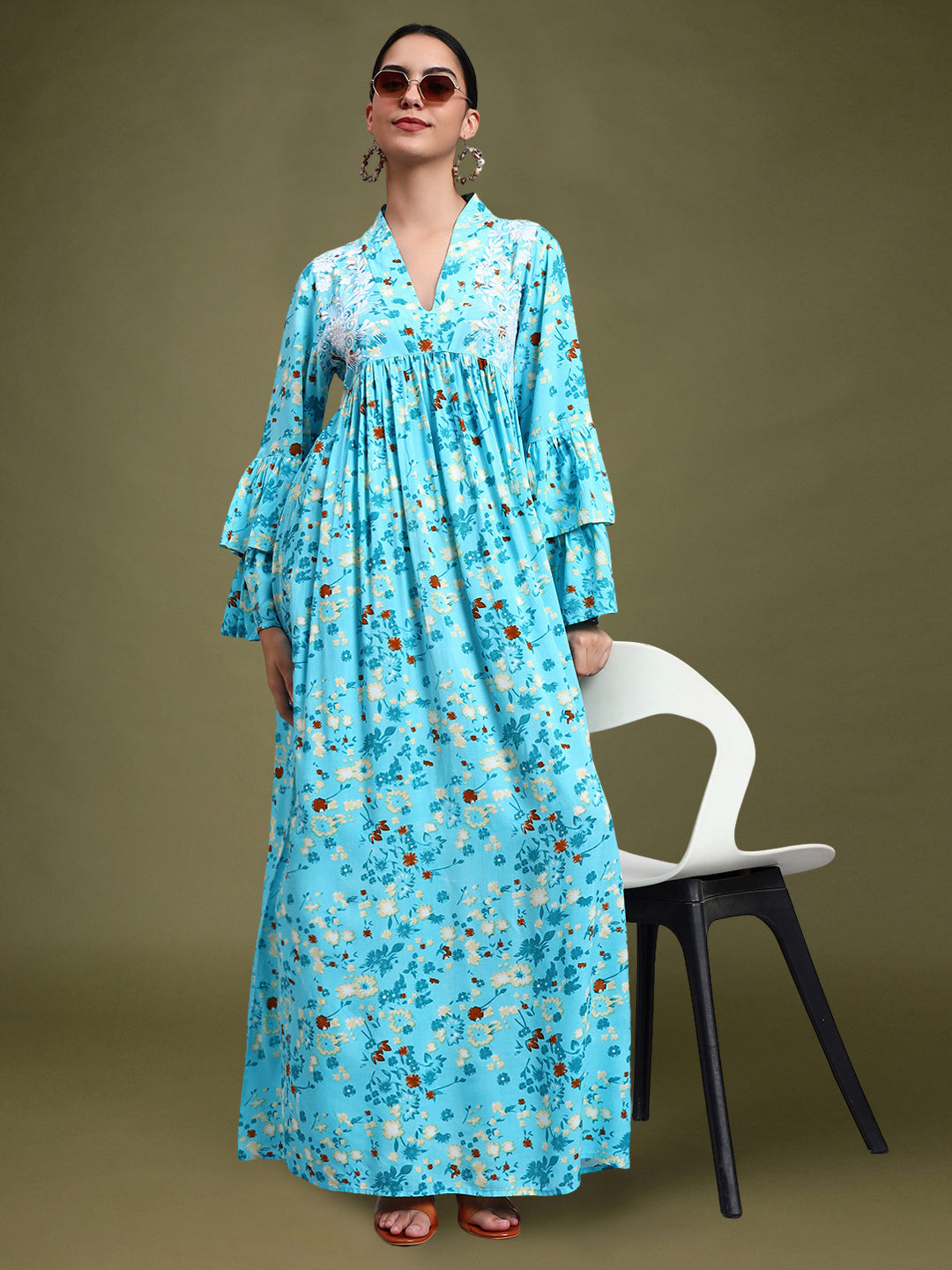Women Embroided Floral Printed Rayon Jalabiya-AL4098B Turquoise