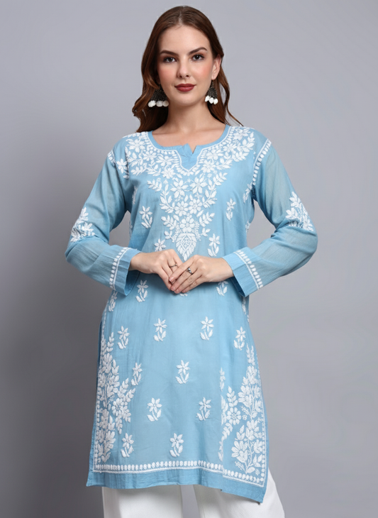 Women Hand Embroidered Chikankari Cotton Kurti -AL3685 Blue
