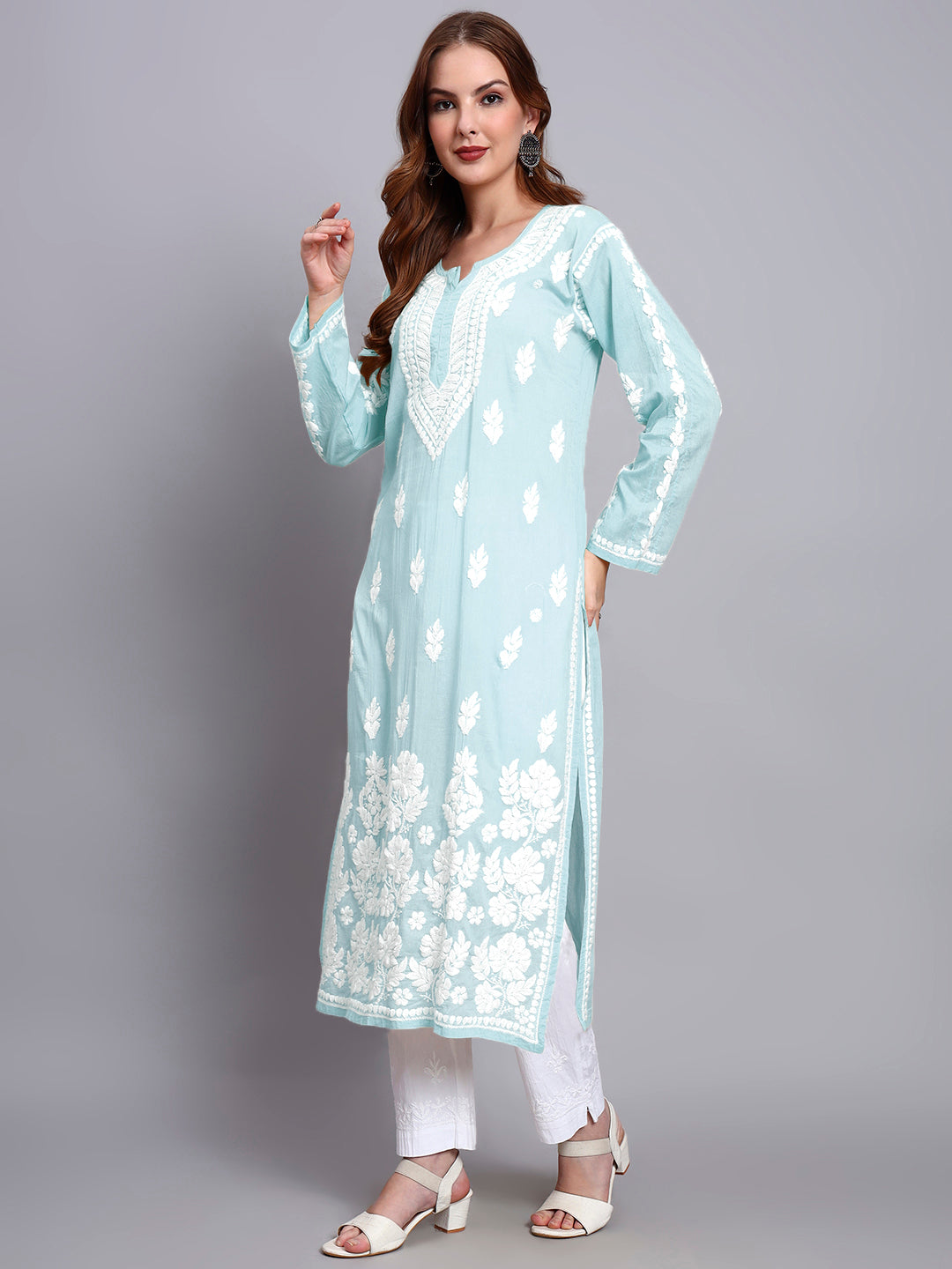 Women Hand Embroidered Chikankari Mulmul Kurti -AL3723 Seagreen