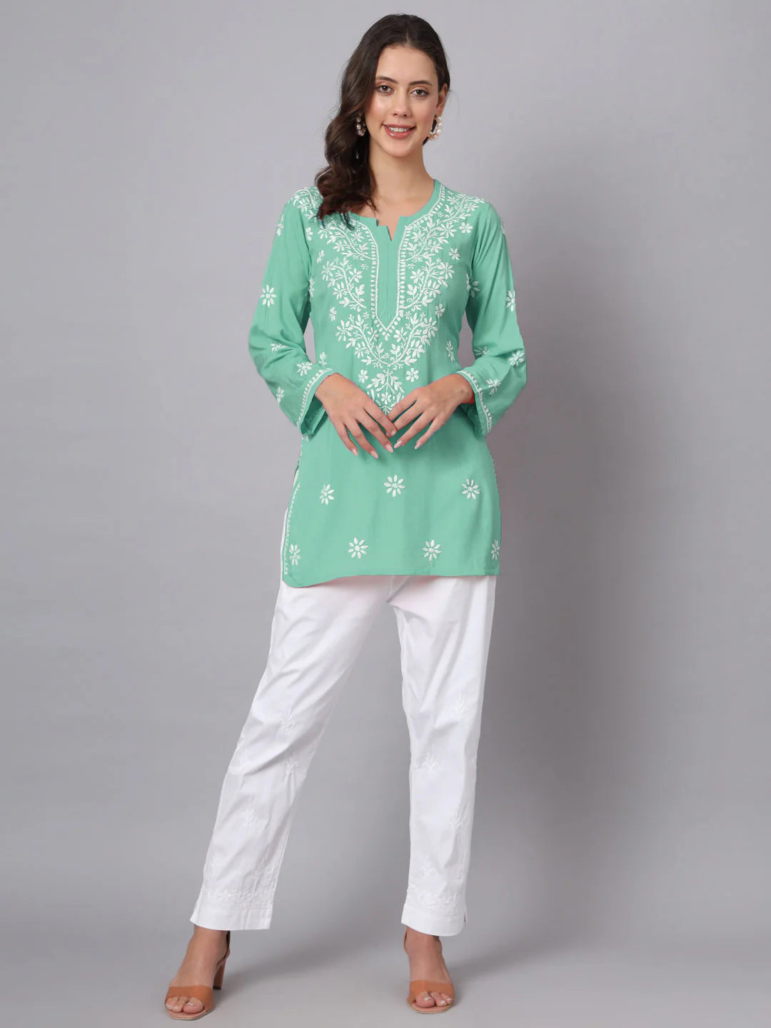 Women Hand Embroidered Chikankari Modal Kurti-AL3611 Dark SeaGreen