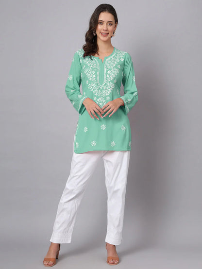 Women Hand Embroidered Chikankari Modal Kurti-AL3611 Dark SeaGreen